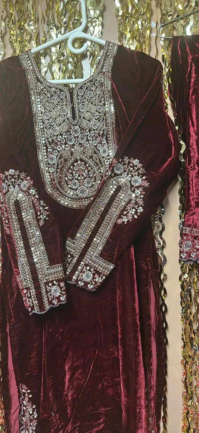 Embroidered Velvet Kurti Set