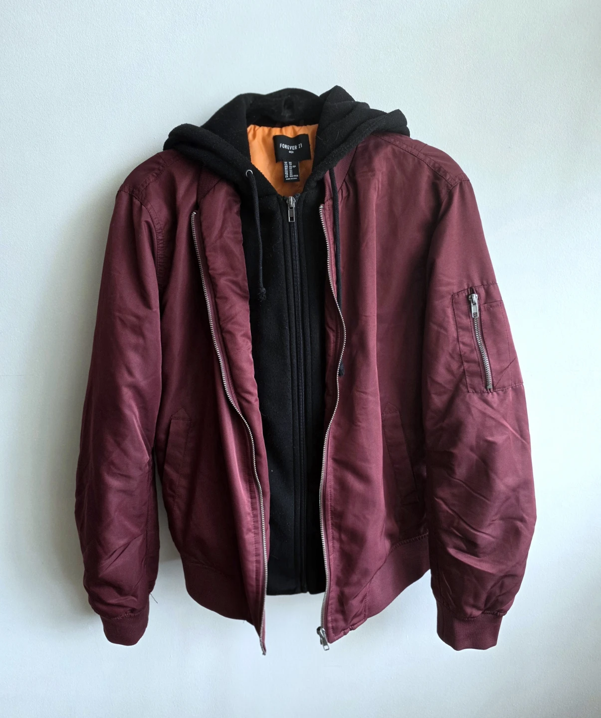 Burgundy Bomber Jacket with Black Hood