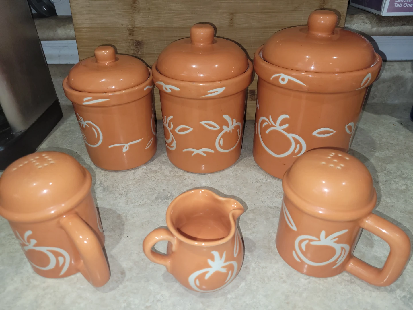 Orange Tomato Kitchen Canister Set with Salt & Pepper Shakers