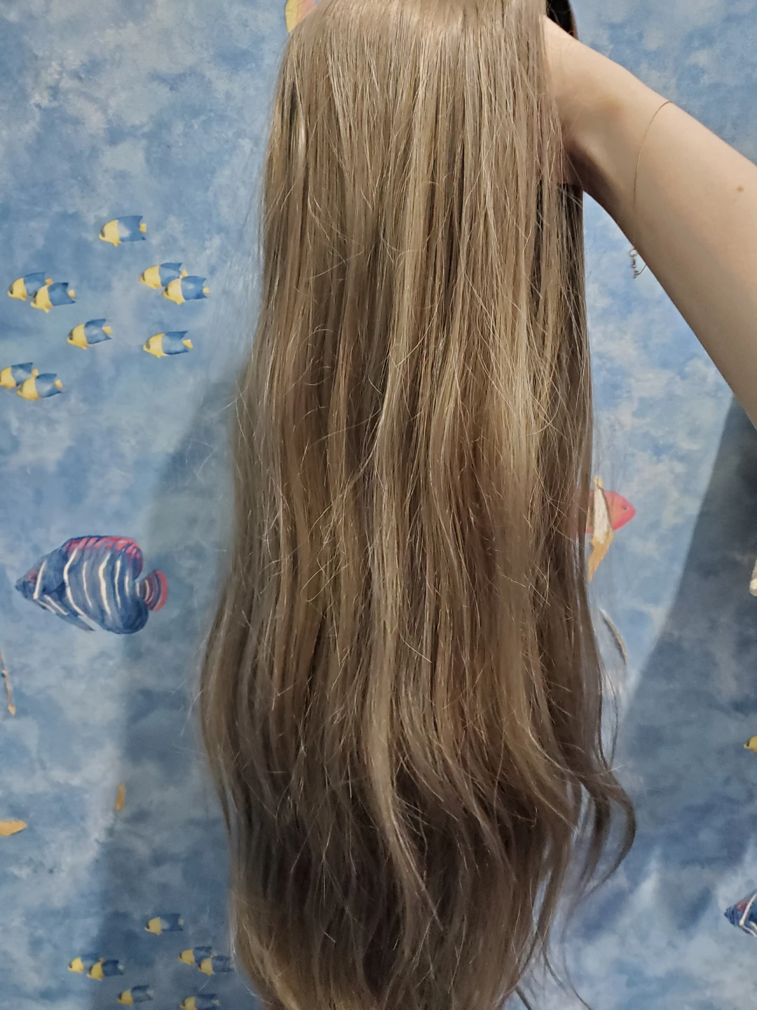 Long light ash brown synthetic wig without fringe - photo 4