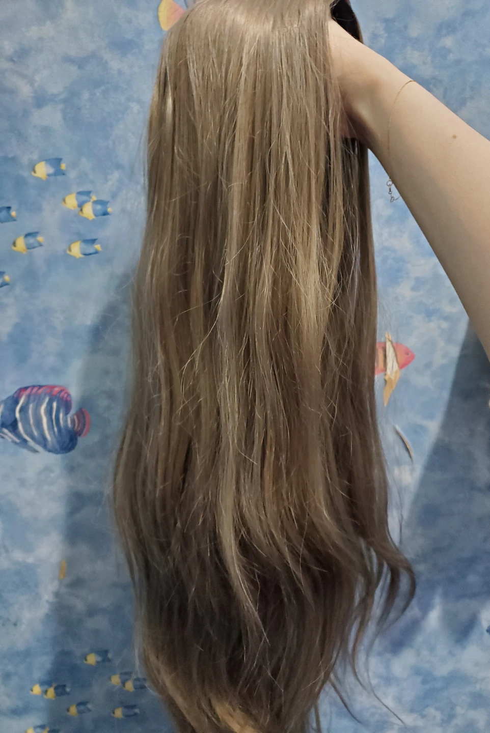 Long light ash brown synthetic wig without fringe - photo 3