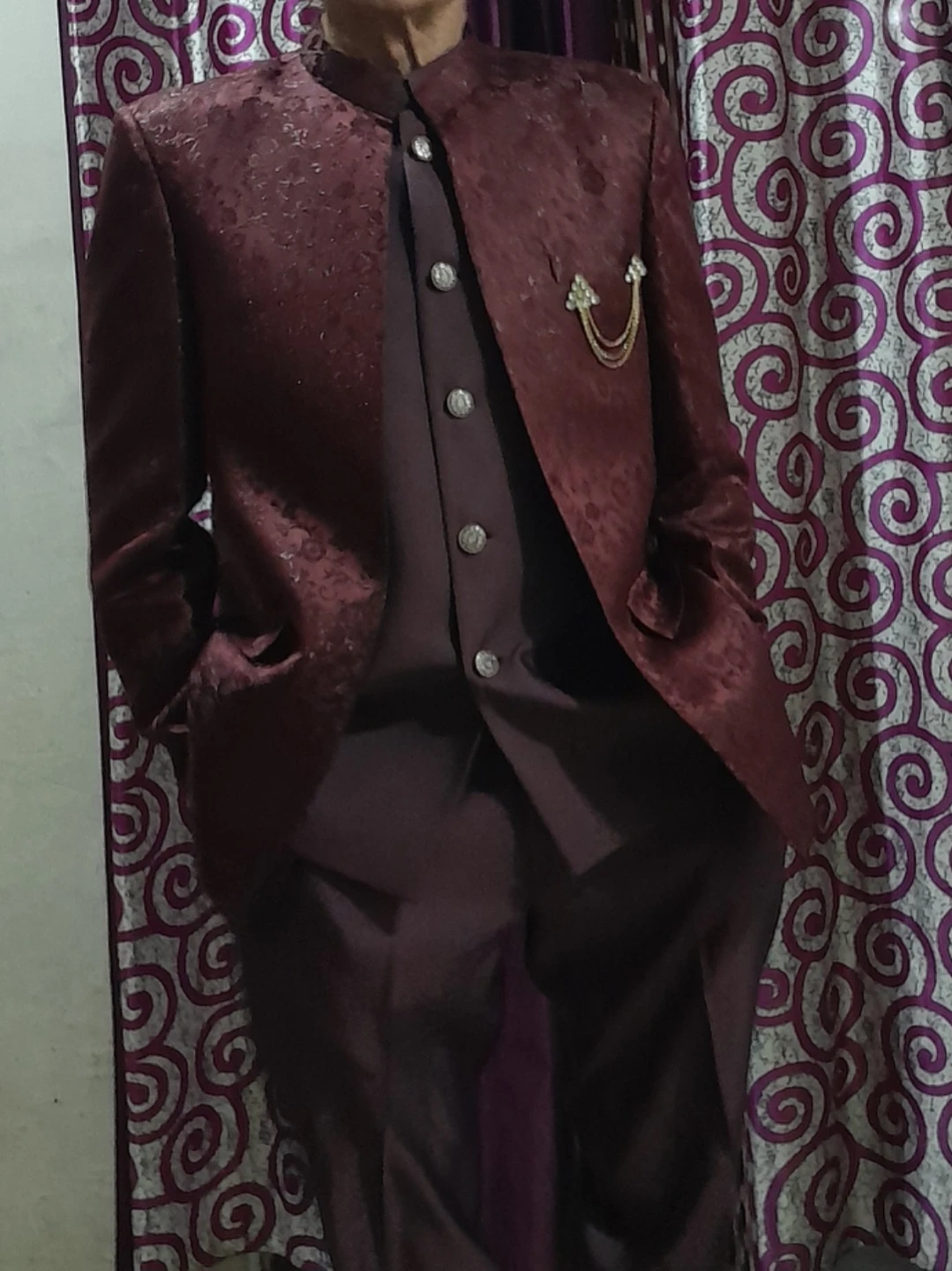 Maroon Jacquard Nehru Jacket and Trousers Set