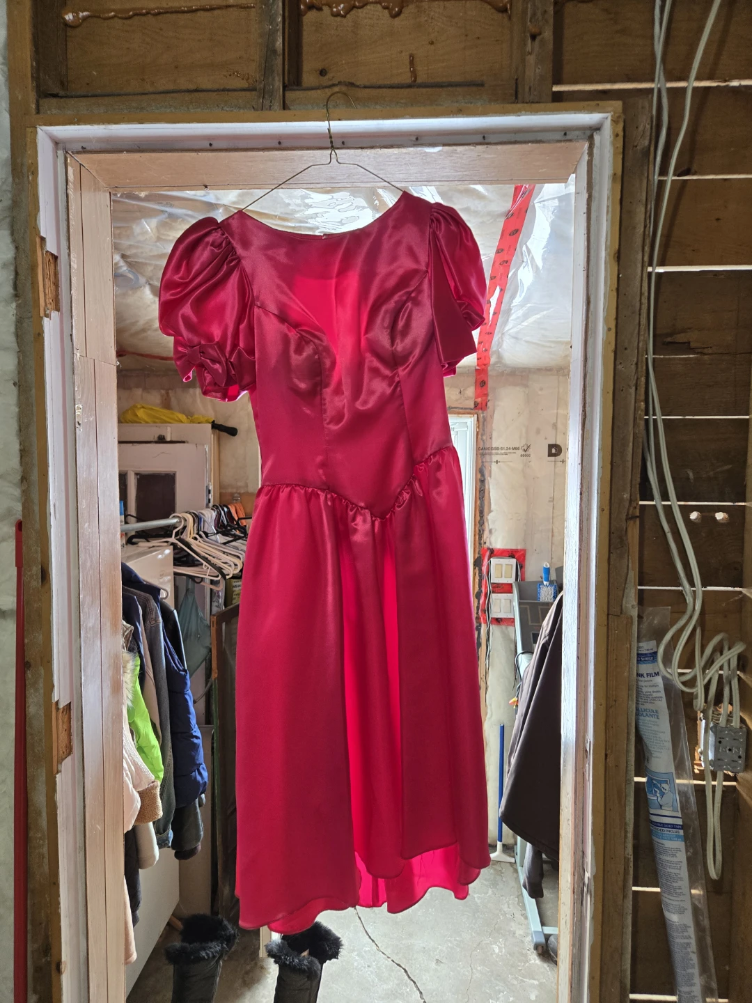Hot Pink Satin Puff Sleeve Dress with Bow Detail