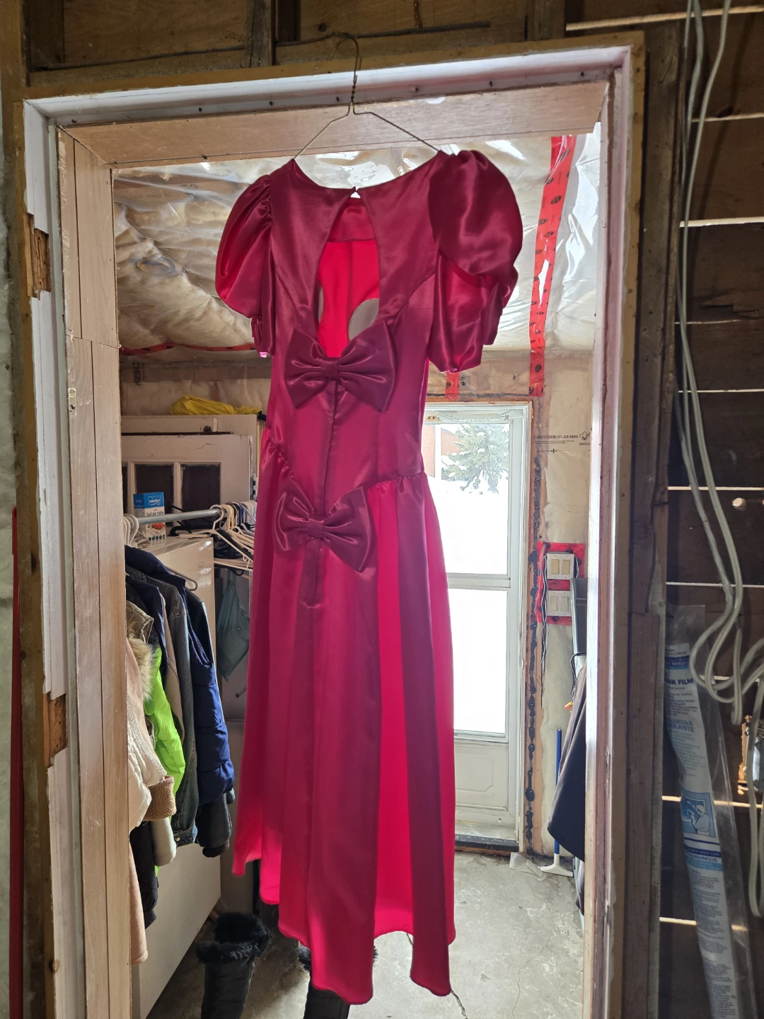 Hot Pink Satin Puff Sleeve Dress with Bow Detail - photo 2
