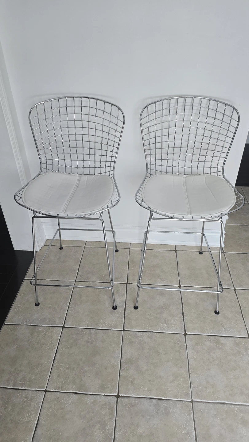 Set of 2 Chrome Wire Bar Stools with White Cushions