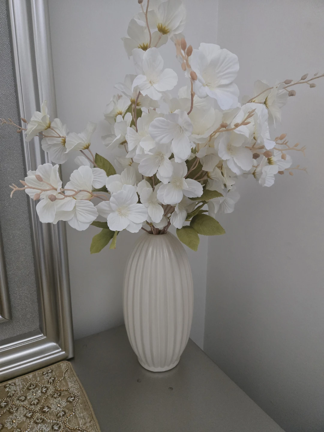 White Artificial Flower Arrangement in Fluted Vase