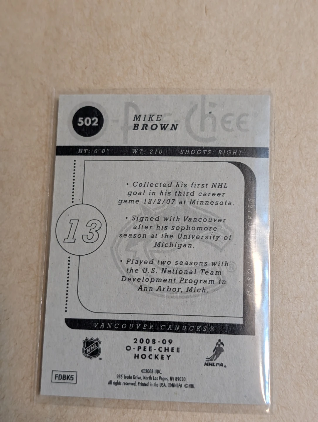 2008-09 O-Pee-Chee Mike Brown Marquee Rookies Hockey Card - photo 2