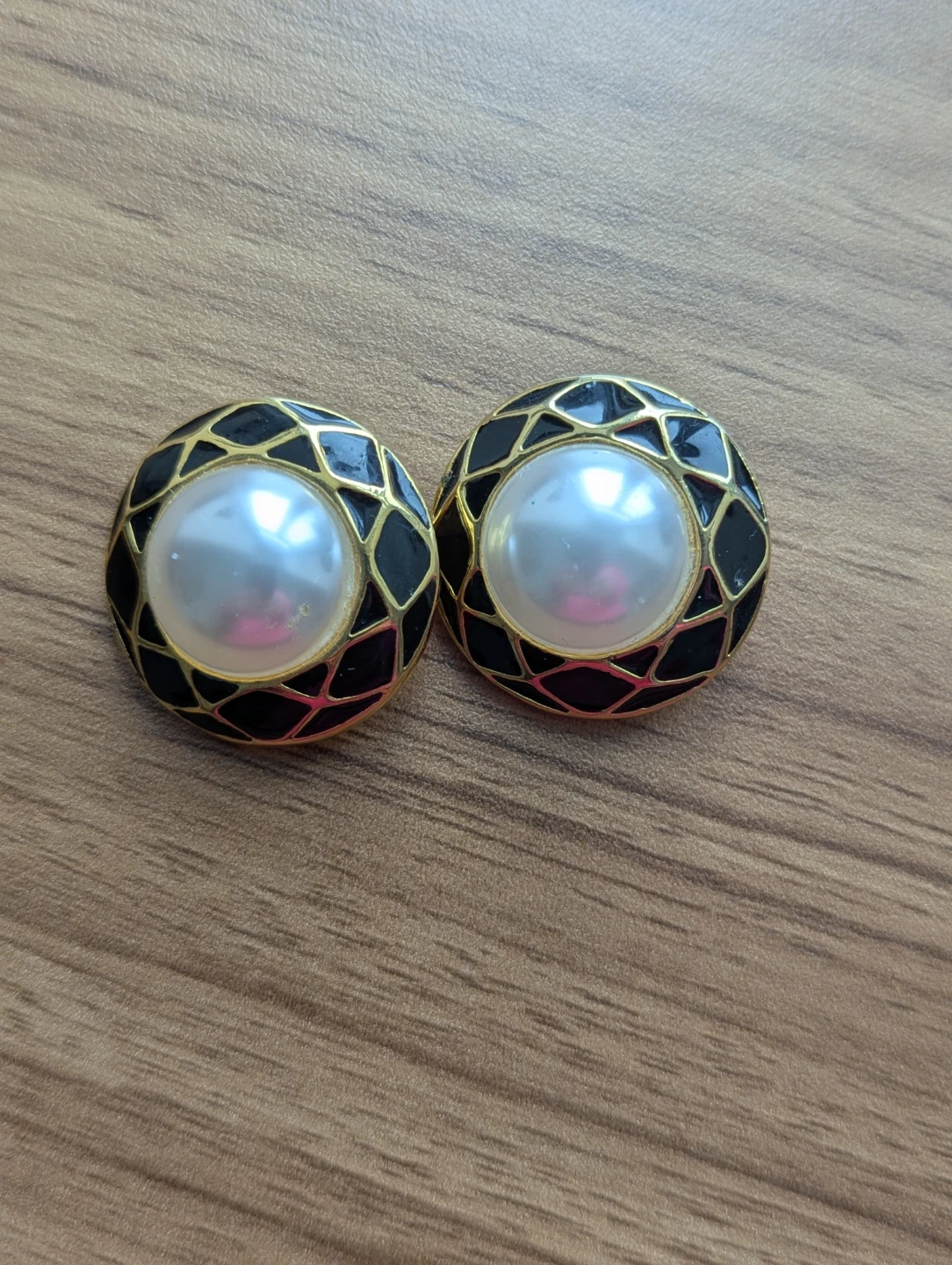 Pearl and Black Enamel Clip-On Earrings