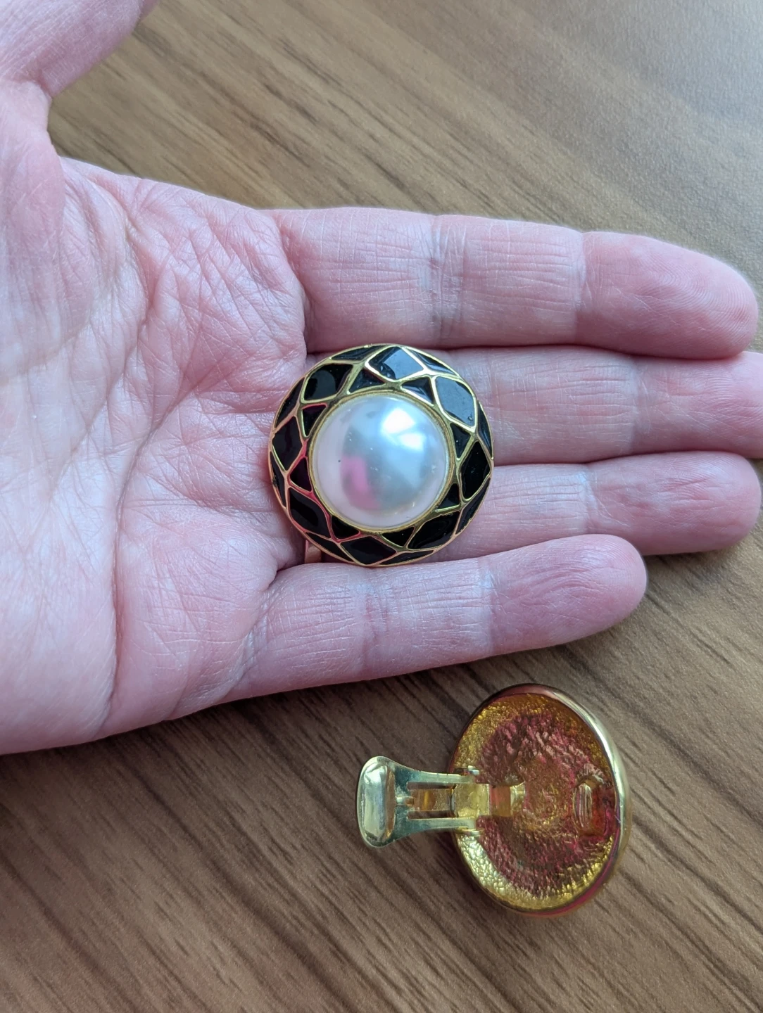 Pearl and Black Enamel Clip-On Earrings - photo 3