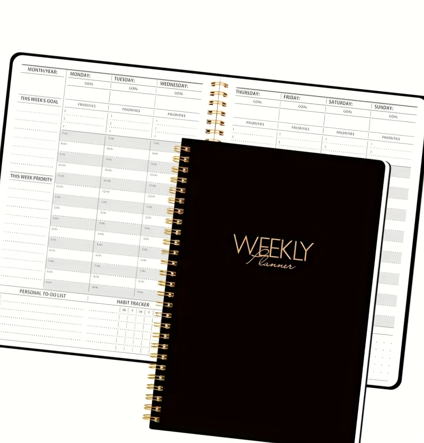 Black Weekly Planner with Gold Spiral Binding