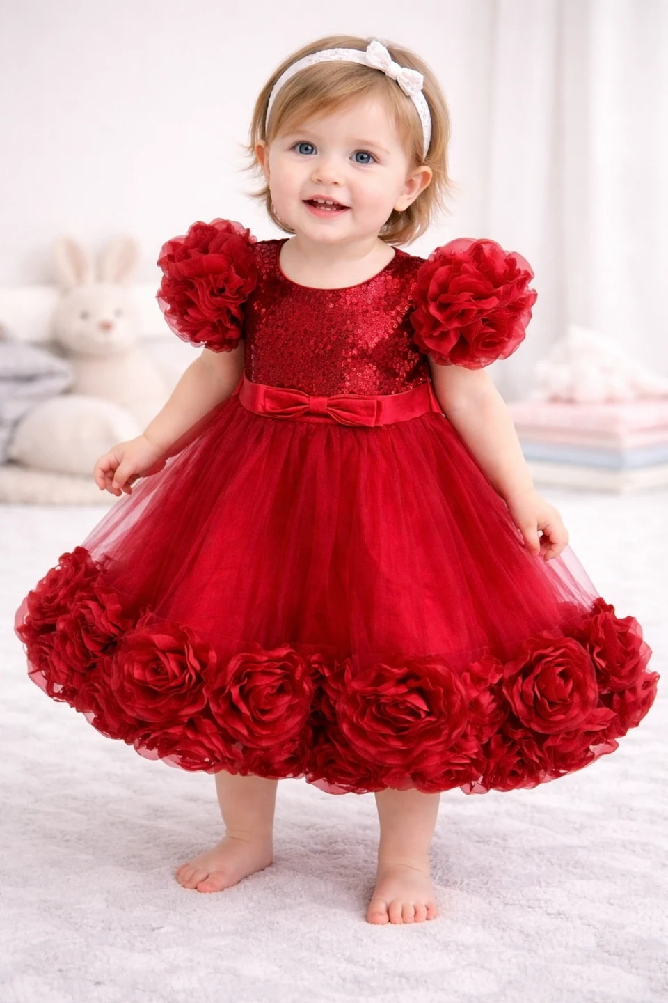 Girls Red Sequin Tulle Dress with Rose Skirt