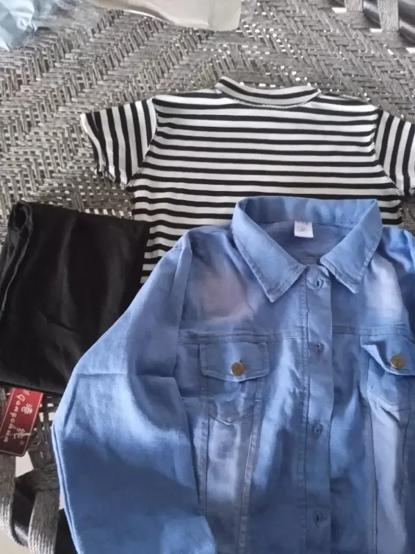 Women's Denim Jacket, Striped T-Shirt, and Black Pants Combo - photo 4