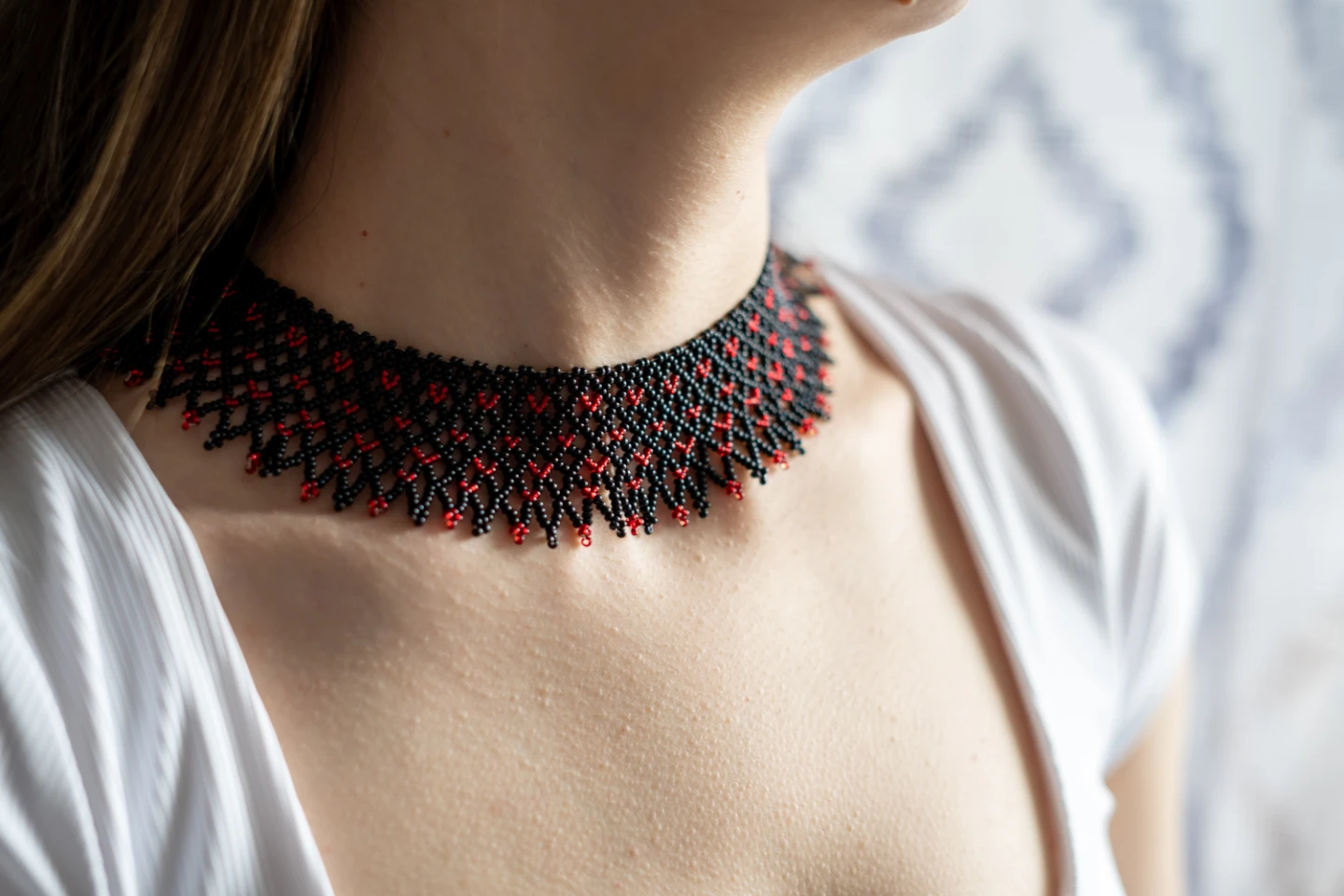 Beaded Choker Necklace with Ribbon Ties - photo 4