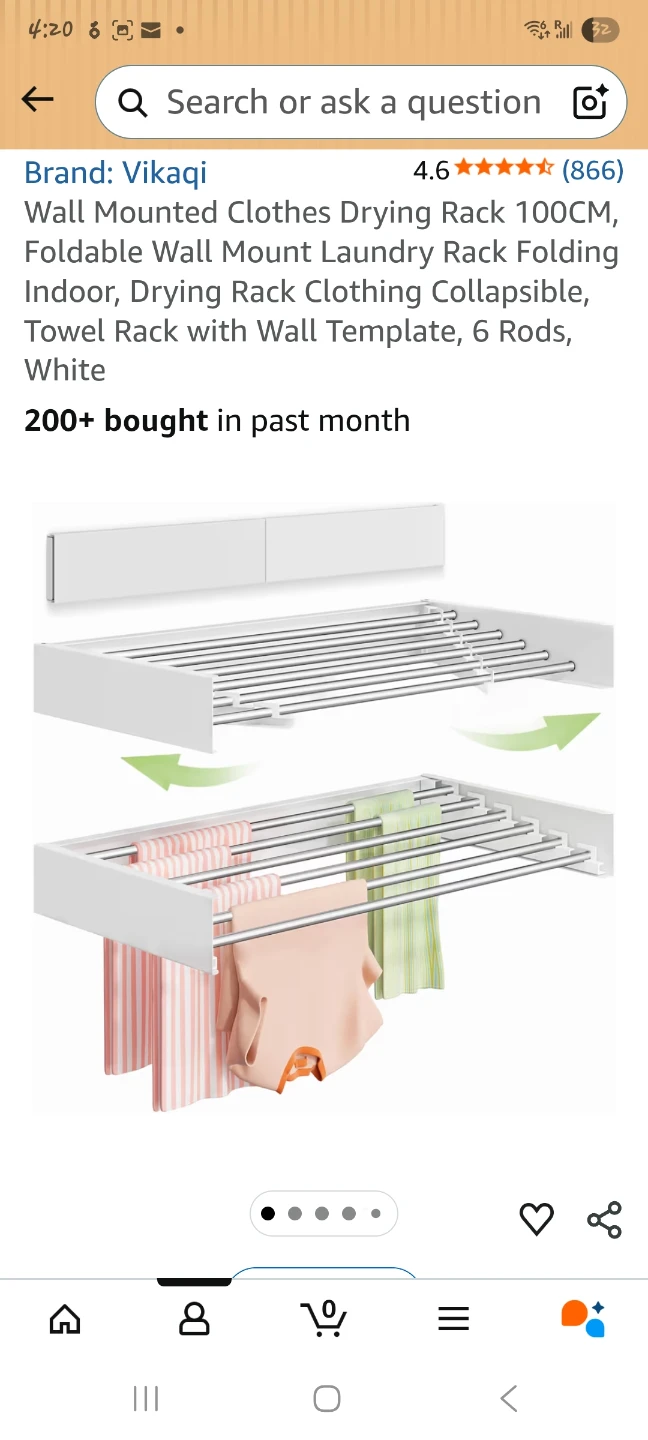 Wall Mounted Clothes Drying Rack - 6 Rods, White