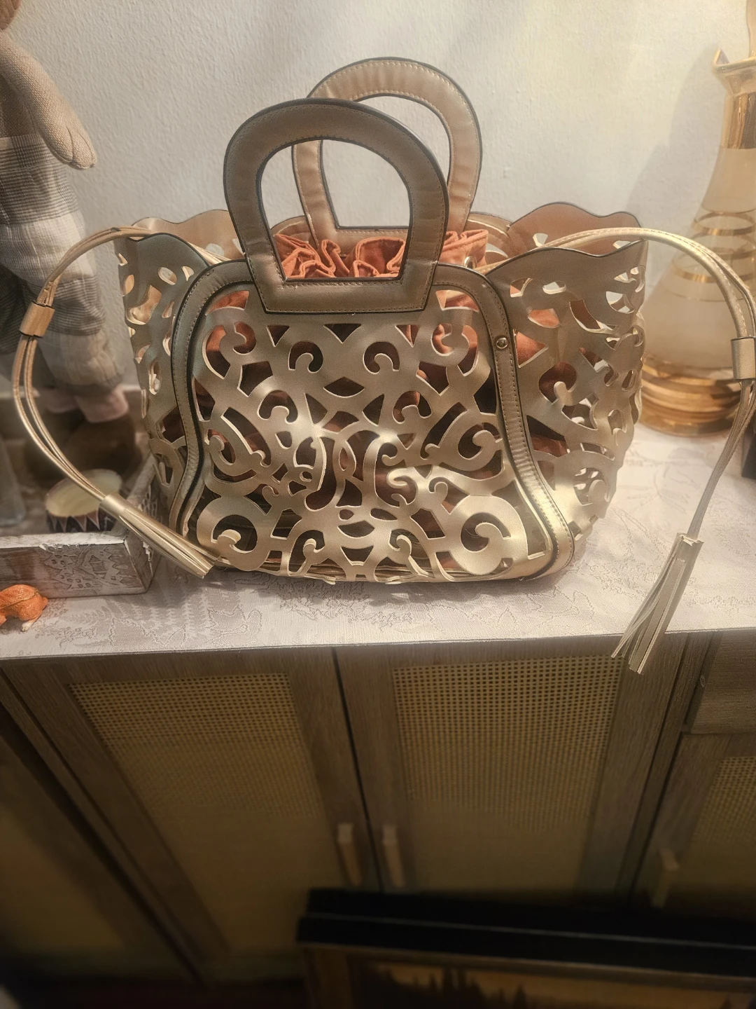Gold Tone Tote Bag with  laser Cutout Design - photo 2