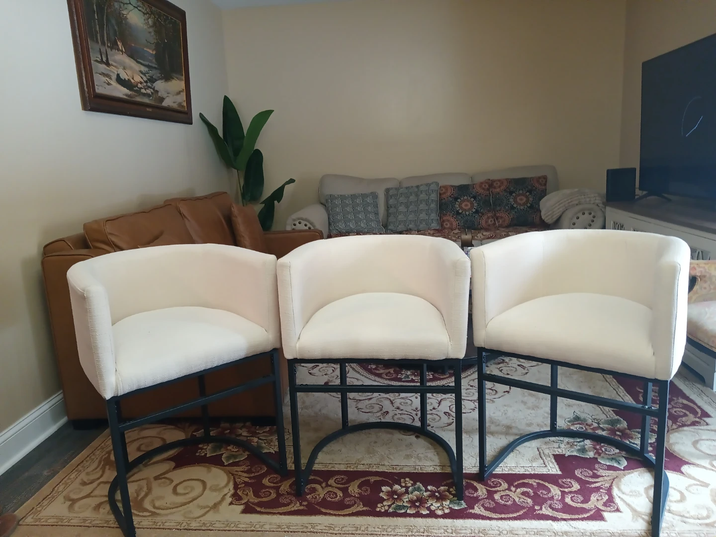 Set of 3 Cream Upholstered Counter Stools