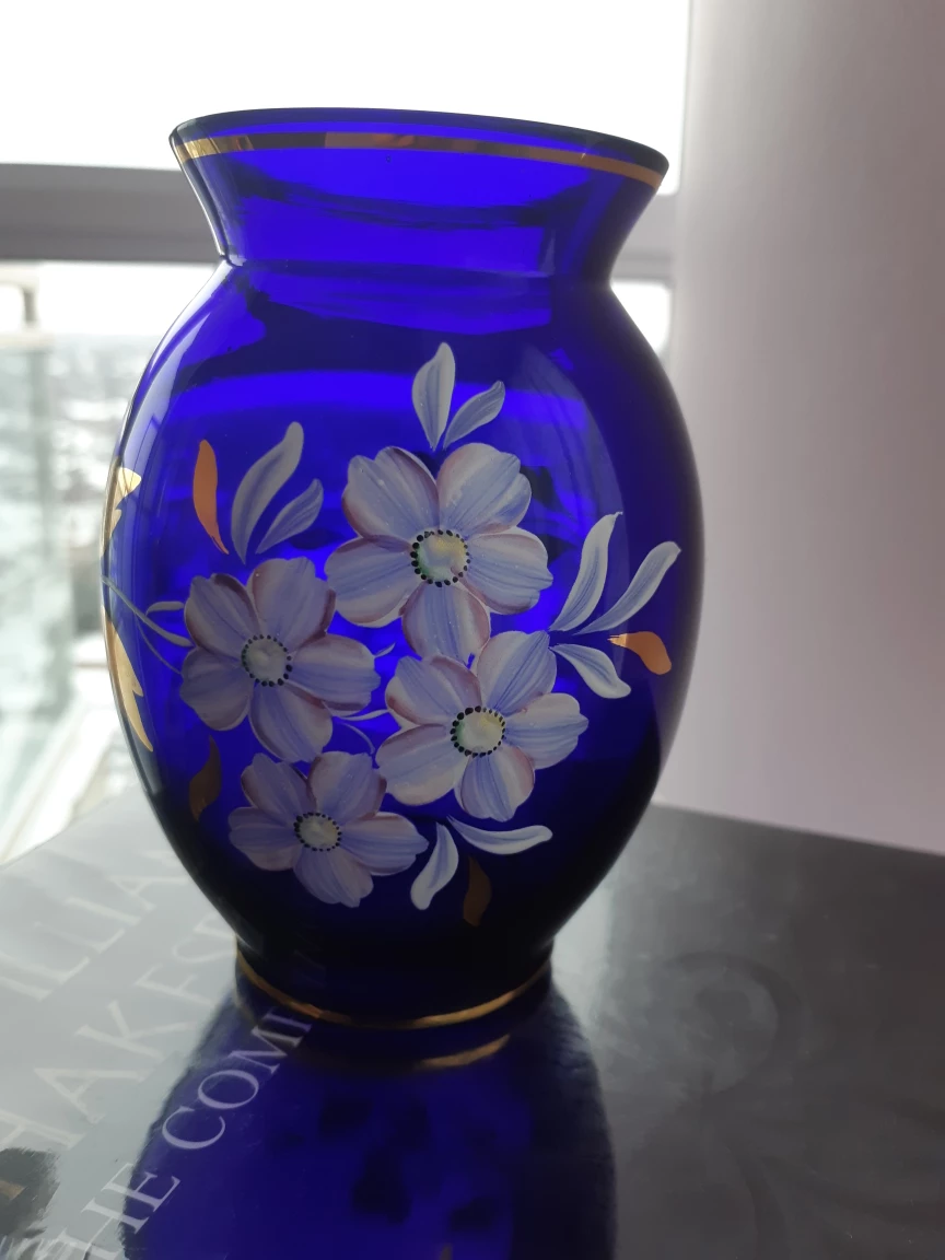 Hand-Painted Cobalt Blue Glass Vase with Floral Design