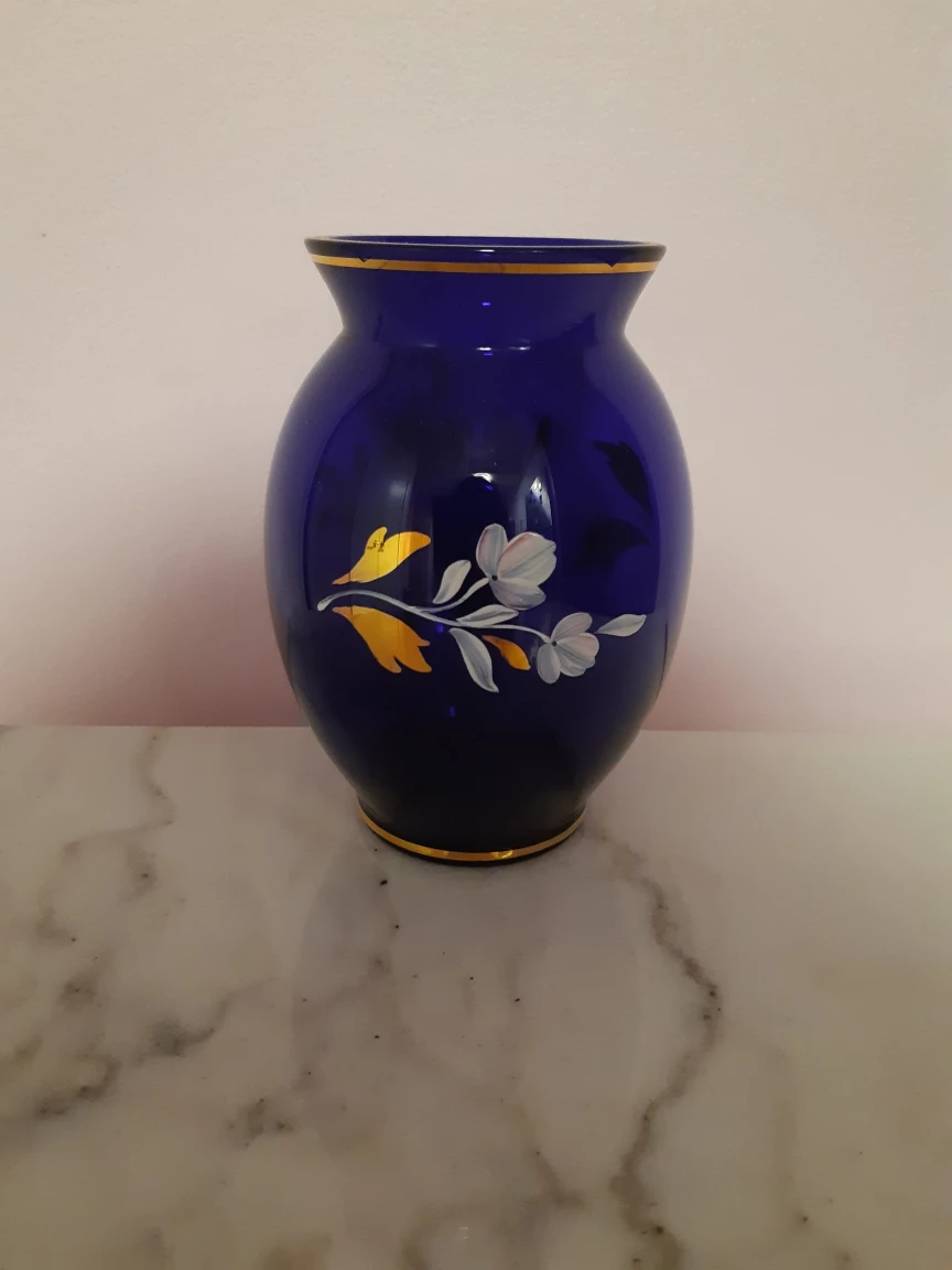 Hand-Painted Cobalt Blue Glass Vase with Floral Design - photo 2