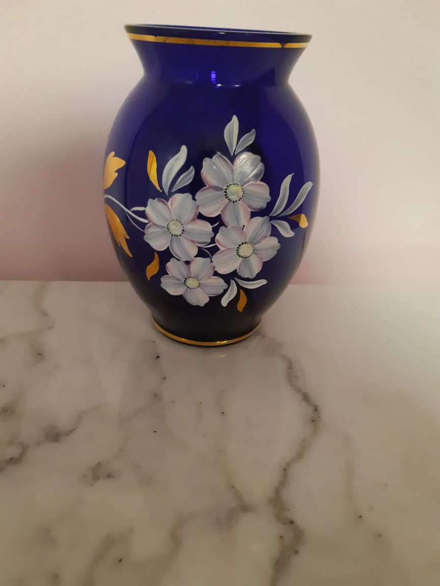 Hand-Painted Cobalt Blue Glass Vase with Floral Design - photo 3