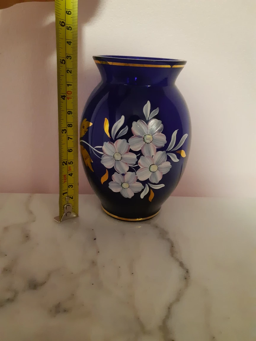 Hand-Painted Cobalt Blue Glass Vase with Floral Design - photo 4