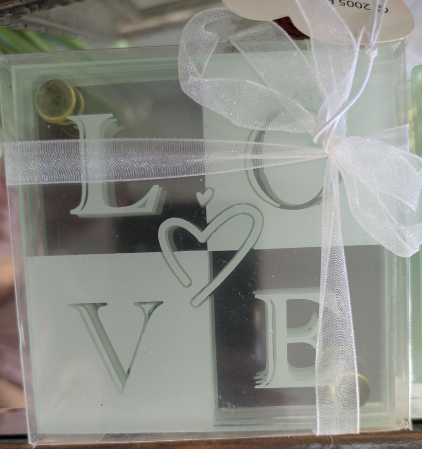 BRAND NEW "Love" glass coasters - 4 in a set