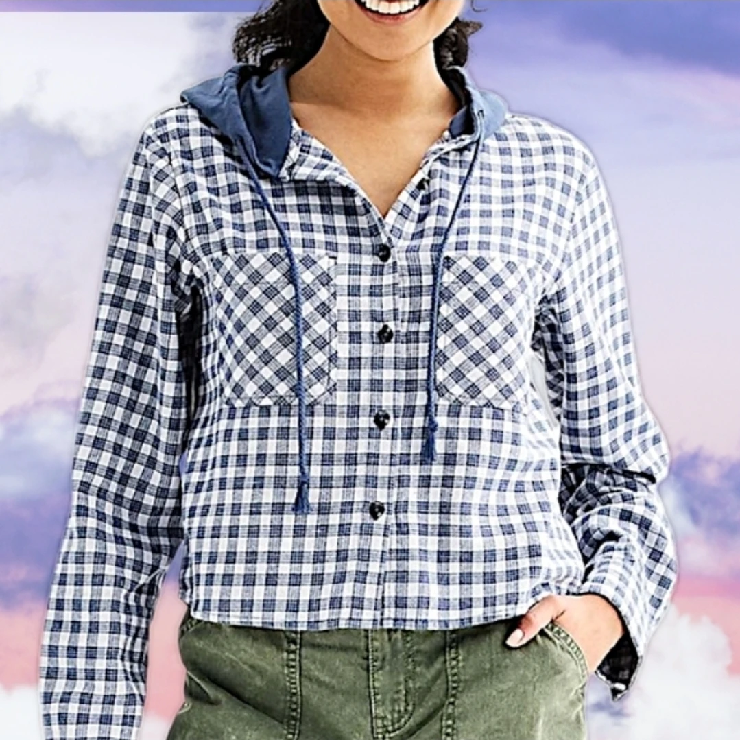 🏆 NWT 2X Cropped Plaid Button Up Hoodie 2 Pockets