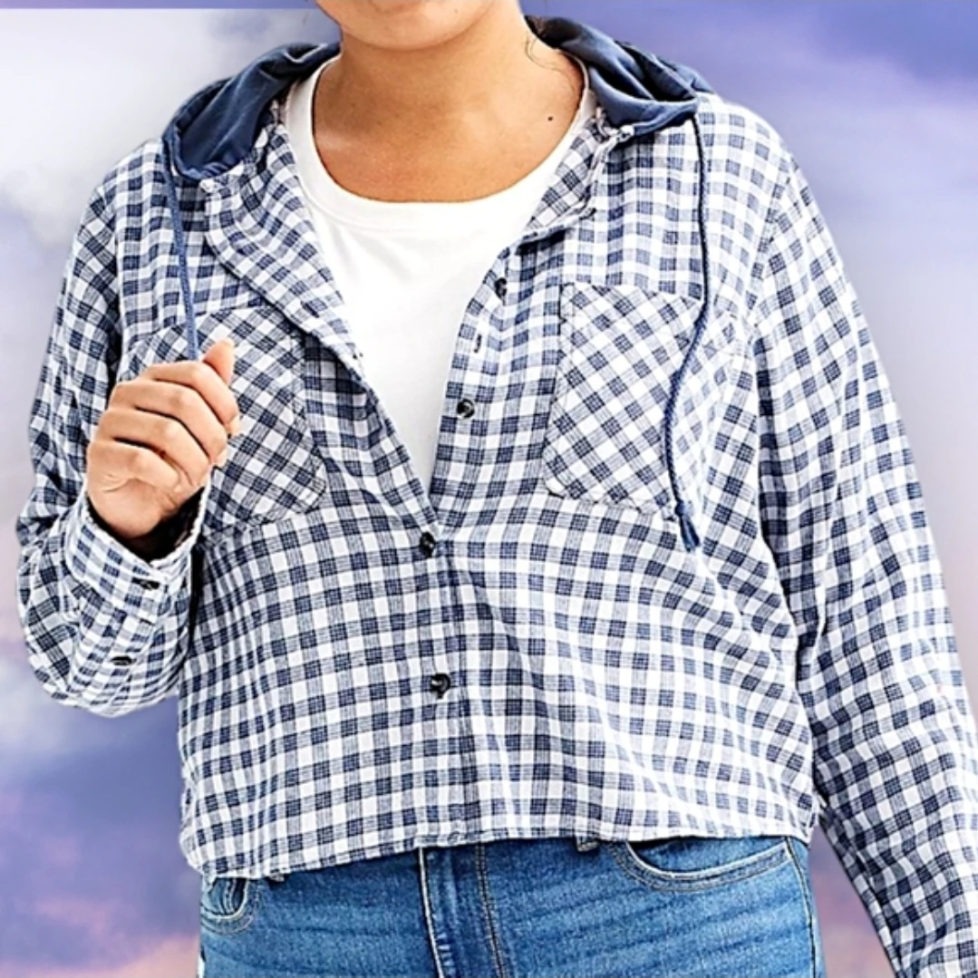 🏆 NWT 2X Cropped Plaid Button Up Hoodie 2 Pockets - photo 2