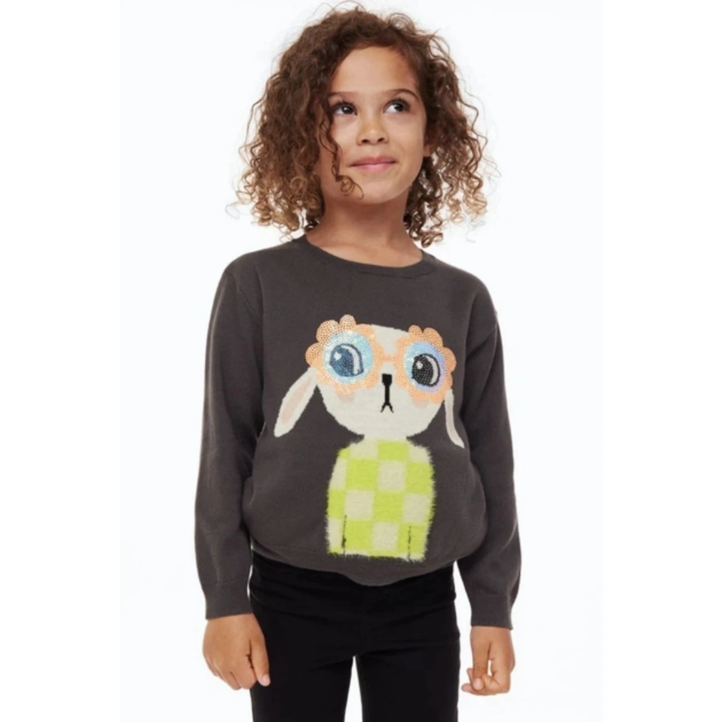 H&M Girls' Grey Bunny Sequin Sunglasses Sweater