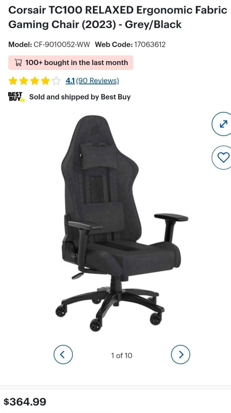 Corsair TC100 RELAXED Ergonomic Gaming Chair - Grey/Black - photo 2