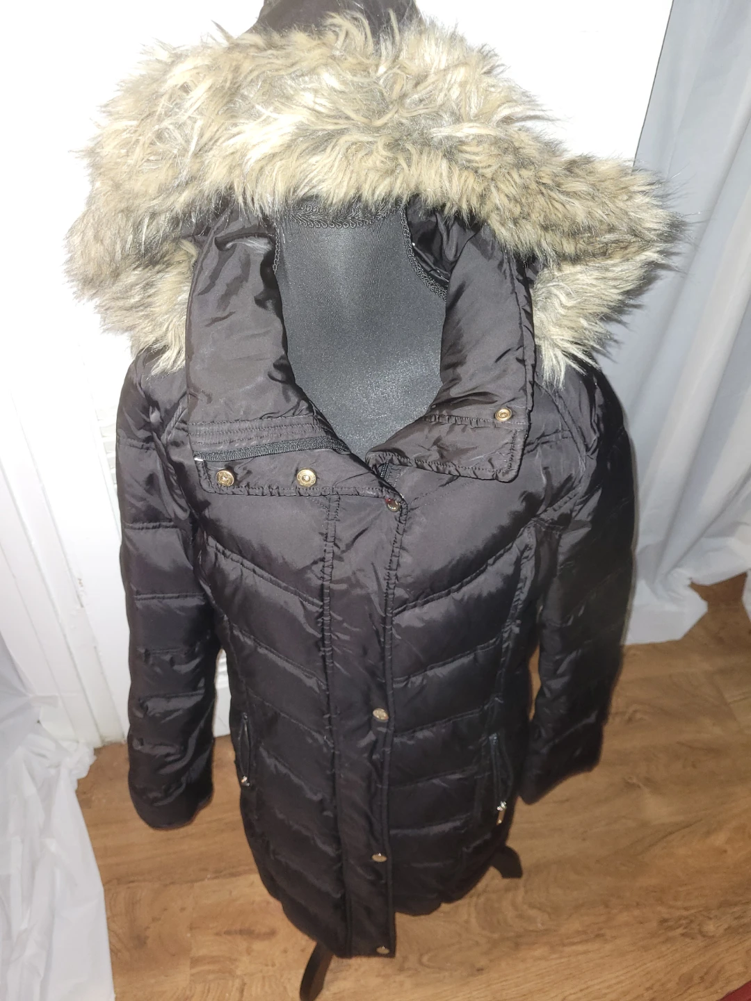 Women's Black Puffer Coat with Fur Hood