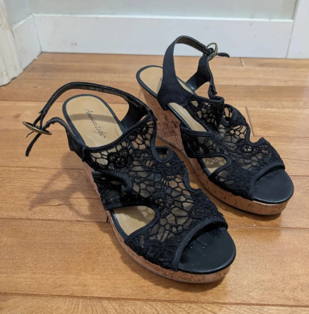 American Eagle Black Lace Wedges Size 11