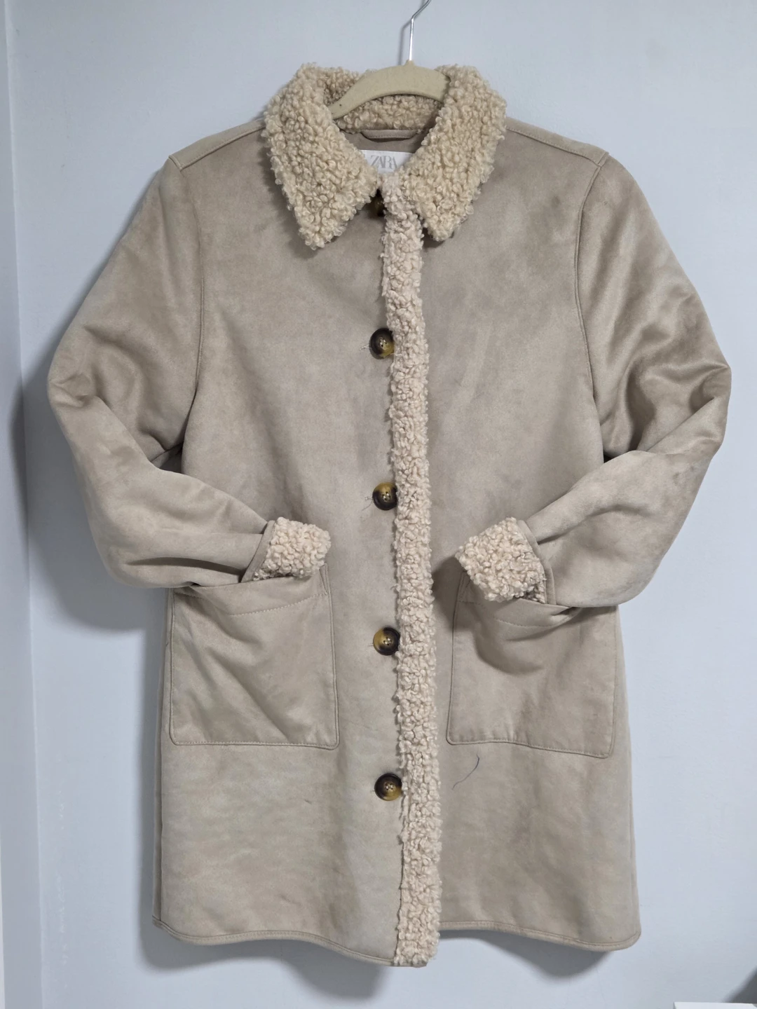 Zara Beige Faux Suede Sherpa Lined Coat - Size 13-14