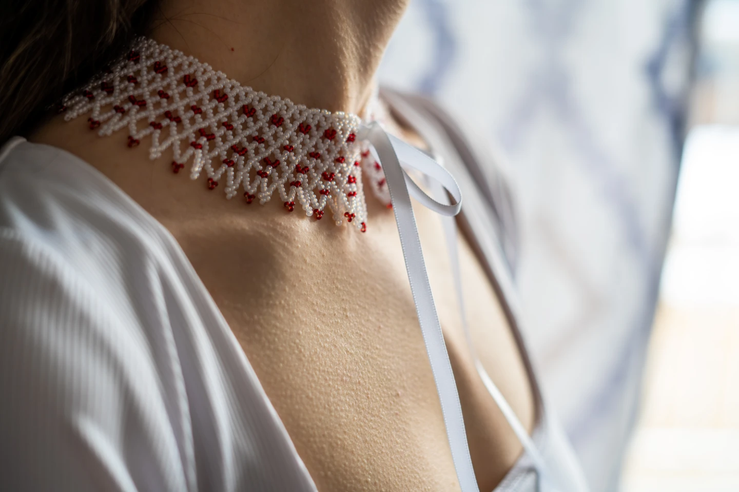 Beaded Choker Necklace with Ribbon Ties