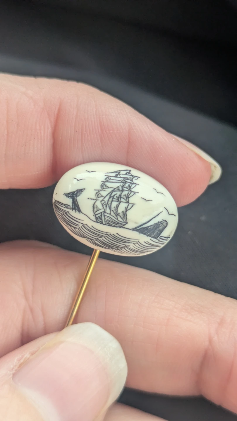 Vintage Scrimshaw Ship and Whale Stick Pin