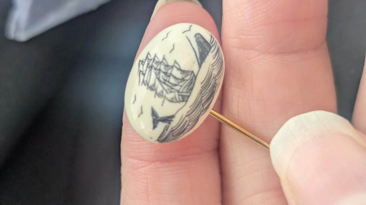 Vintage Scrimshaw Ship and Whale Stick Pin - photo 2