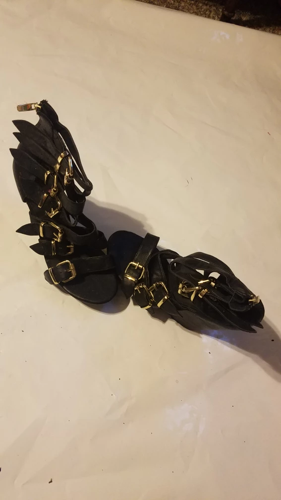 Black Gladiator Wedge Sandals with Gold Buckles - photo 3