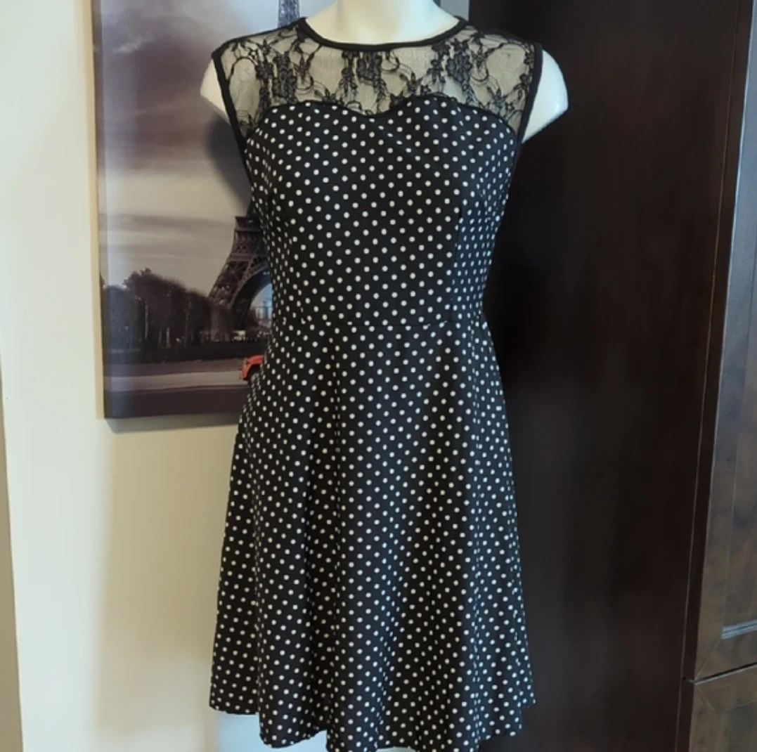 Black and white polka dot dress with lace detail