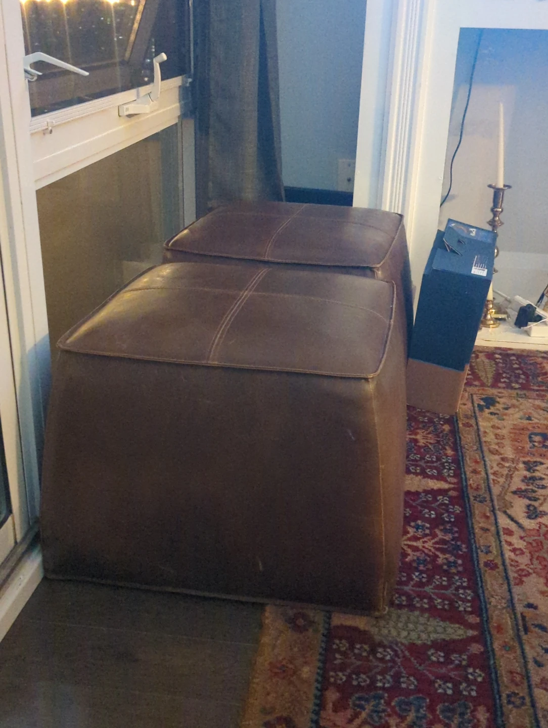 Brown Leather Square Ottomans (Set of 2)