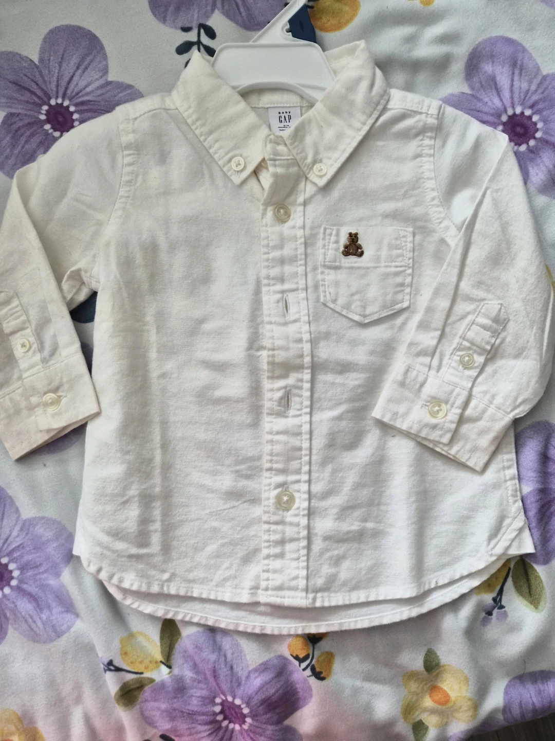 Baby Gap Long Sleeve Button-Up Shirt White Bear Embroidery