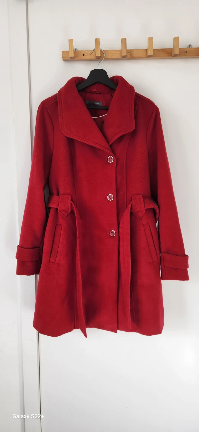 Red Belted Wool Blend Coat - Size large