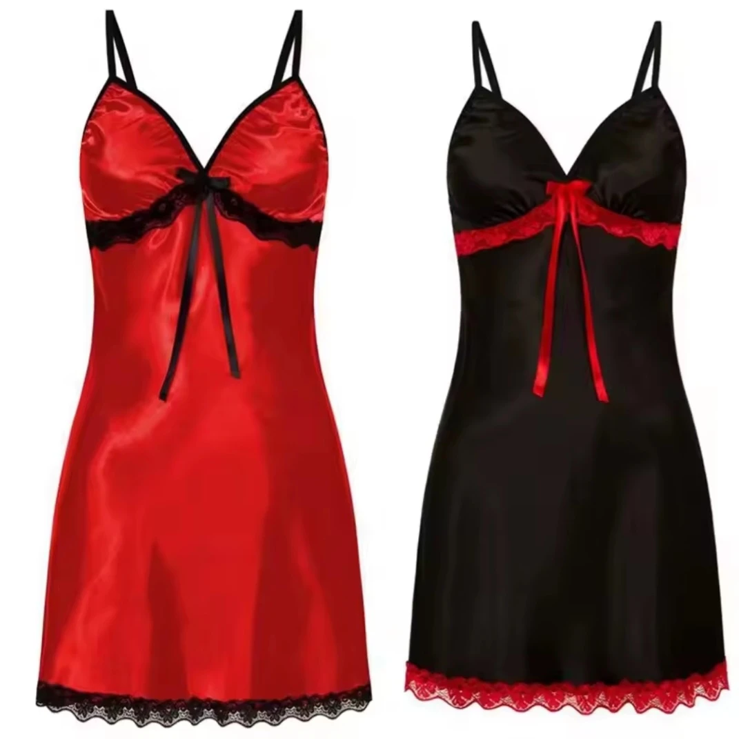 Satin Slip Chemise Nightgowns (Red and Black)