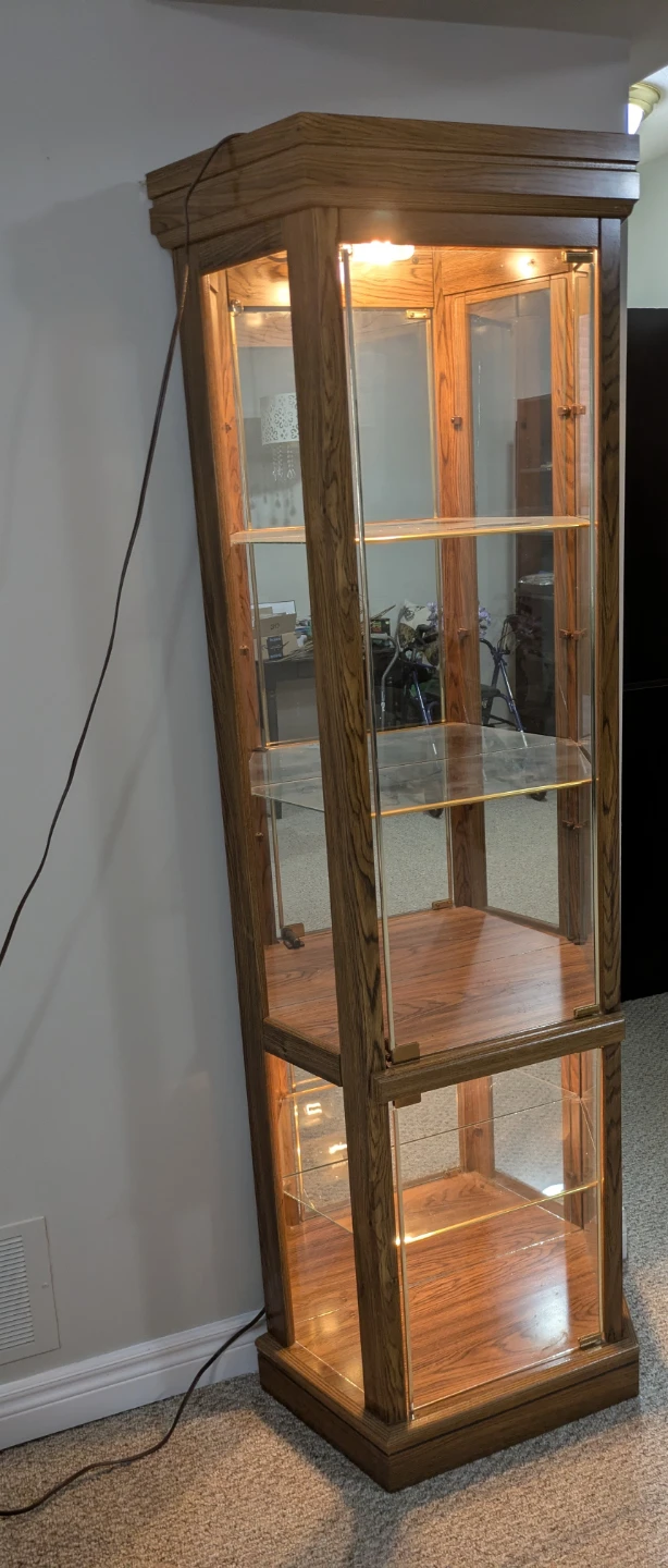 Wooden Curio Display Cabinet with Glass Shelves and 2 Lights