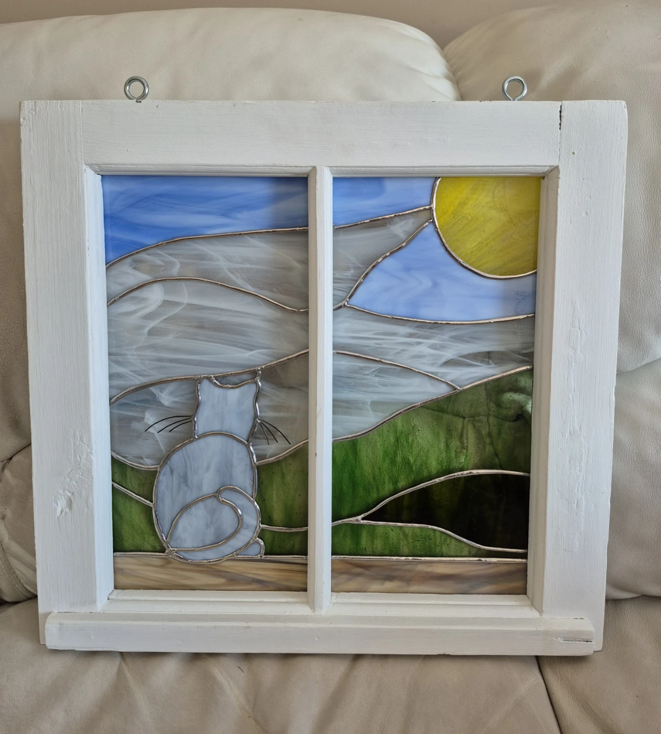 Stained glass scene with cat - photo 4