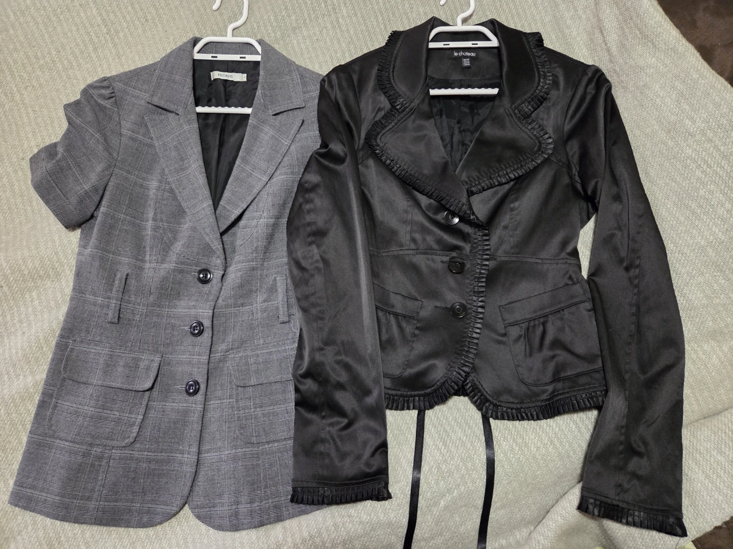 Le Chateau Black Ruffle Blazer & Rickis Grey Plaid Blazer