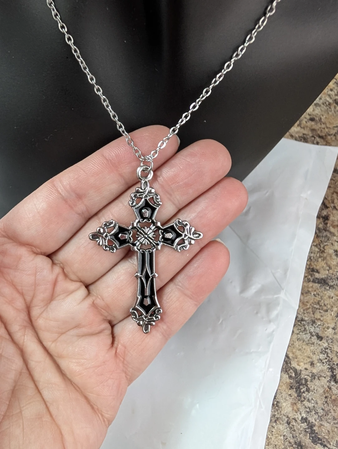 Gothic Ornate Silver-Tone Cross Pendant Necklace - photo 2