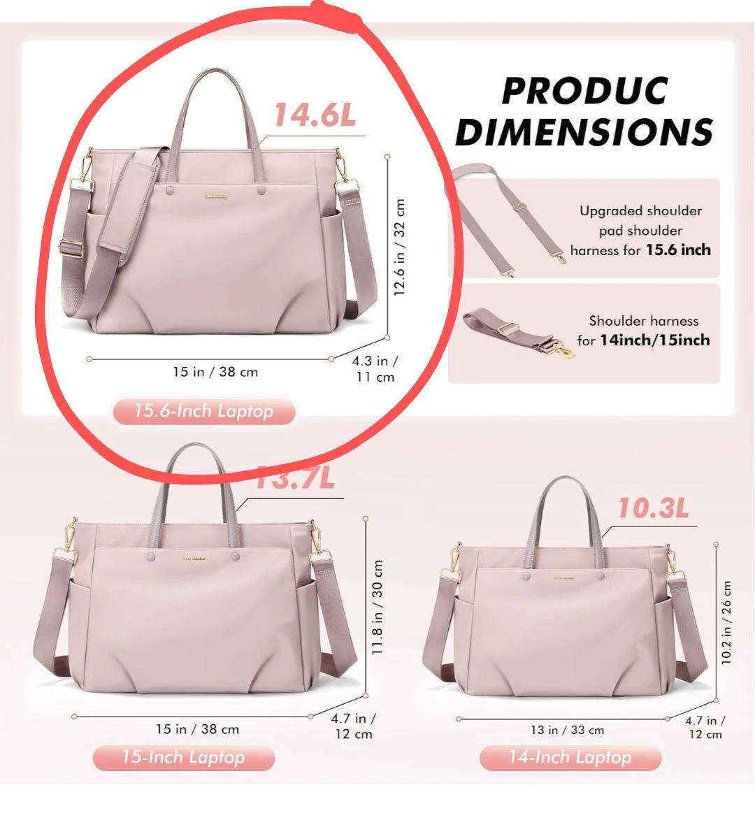 15.6 inch Laptop Shoulder/Tote Bag (Light Pink) - photo 3