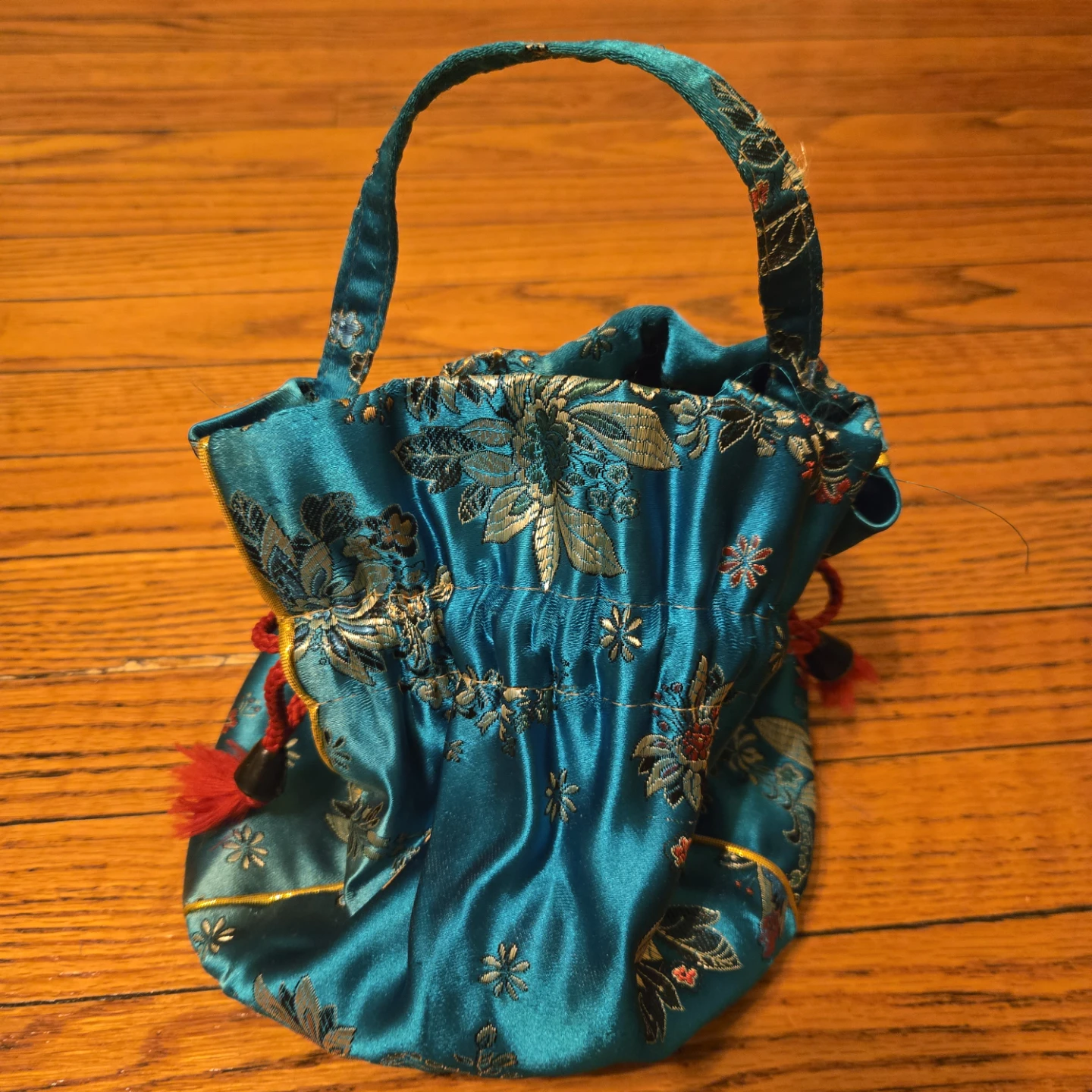 Teal Brocade Drawstring Bag with Handle 🏆 - photo 2