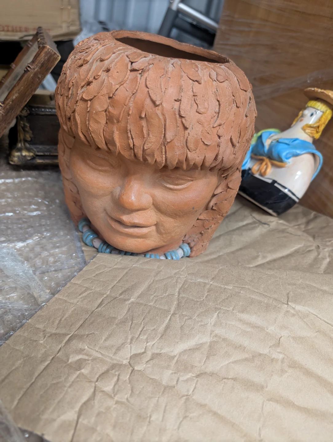Terracotta Head Planter with Blue Beaded Necklace - photo 3