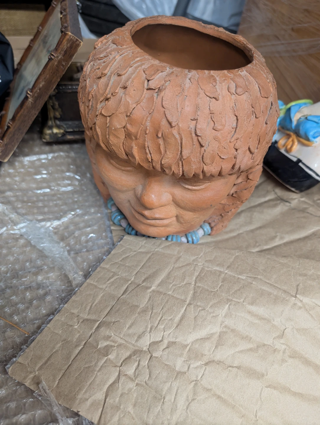 Terracotta Head Planter with Blue Beaded Necklace - photo 4