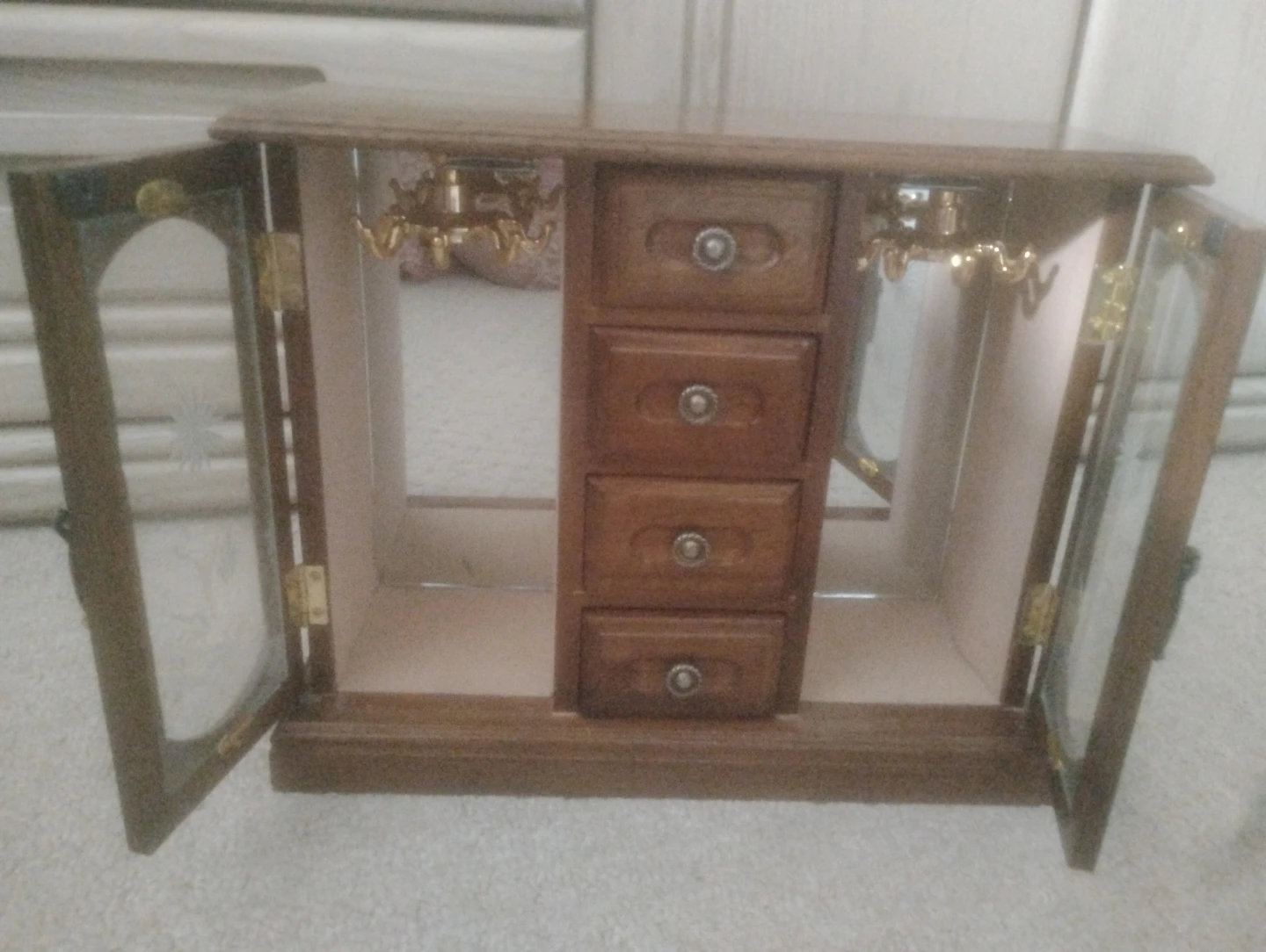 Wooden Jewelry Box with Drawers and Glass Doors